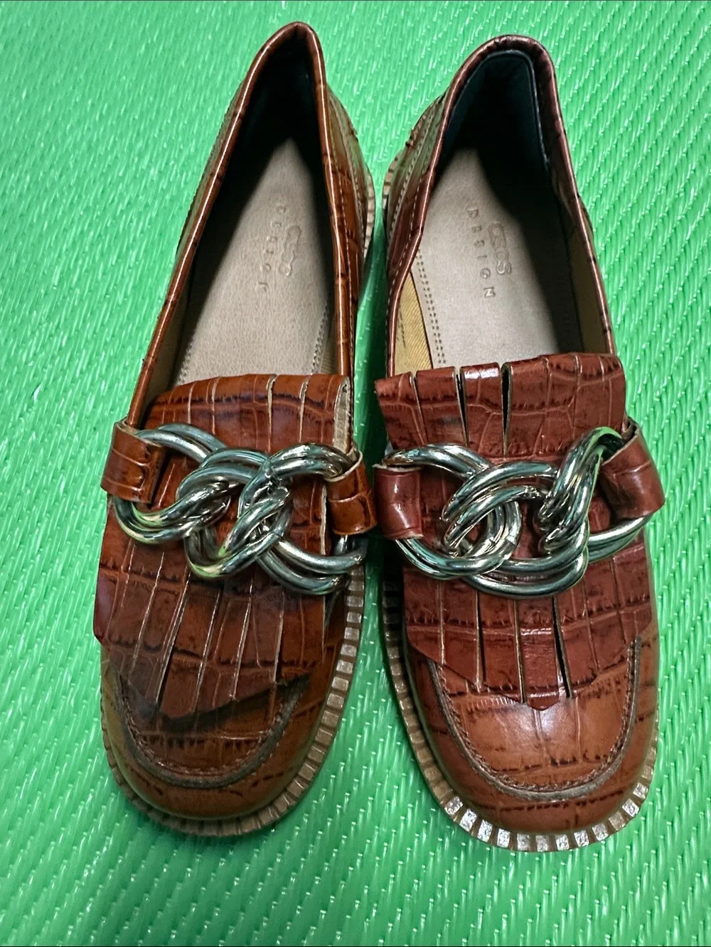 ASOS Brown Croc-Embossed Kids Loafers with Chunky Silver Chain
